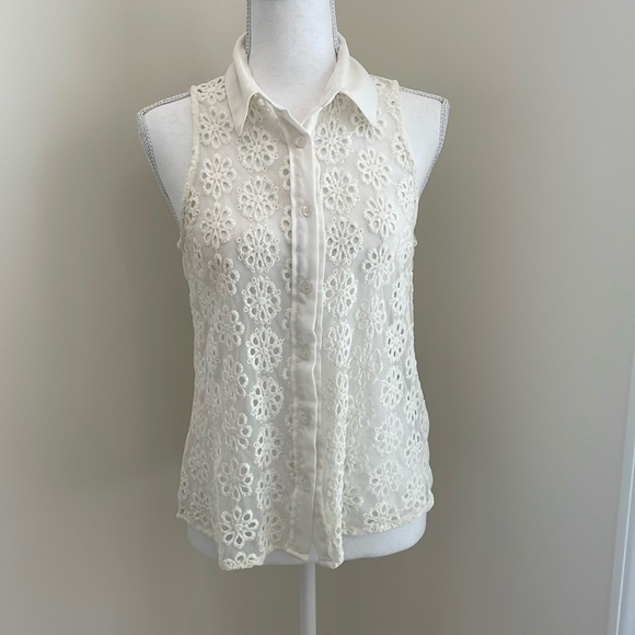 Pins and Needles White Button Down with Sheer & Embroidered Designs. EUC - Picture 1 of 8